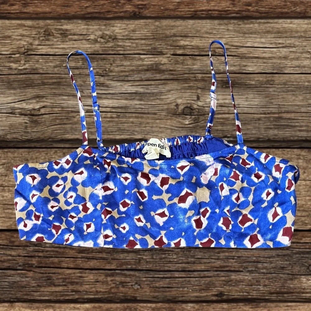 Open Edit Blue Abstract Floral Smocked Back Crop Top Festival Coachella Y2K 90s
